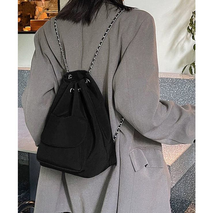 ブラック | 巾着リュック ナイロンチェーンバッグ軽量 | SUNSHINE CLOSET