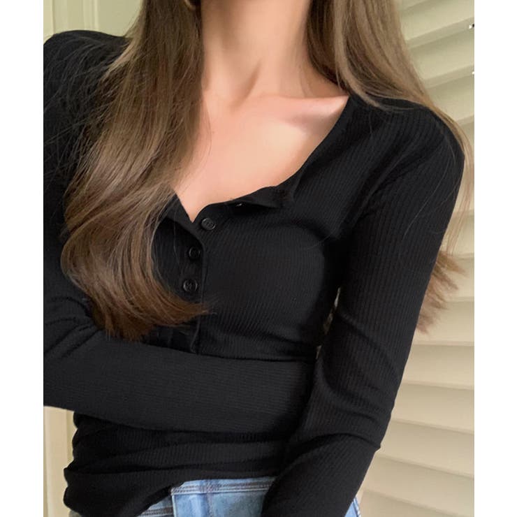 ブラック | ハーフボタンカットソー長袖タイトtシャツ | SUNSHINE CLOSET