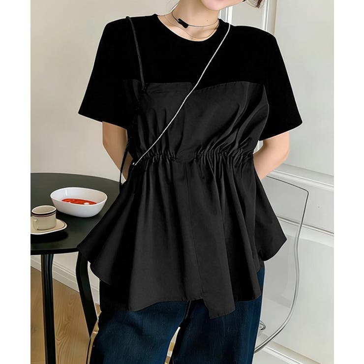 ブラック | ドッキングペプラムブラウス 半袖トップス | Miniministore