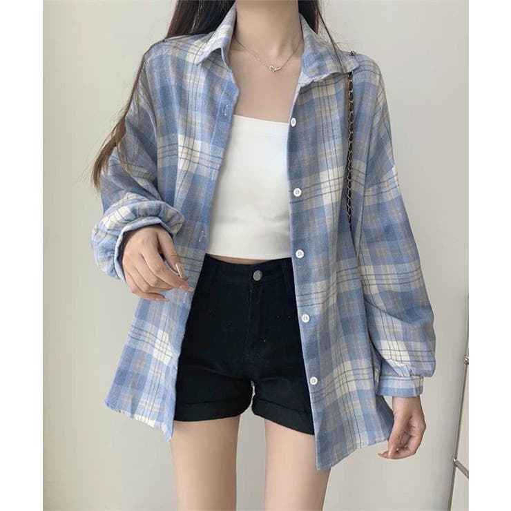 ブルー | レディースチェックシャツブラウスレトロ風 | Miniministore