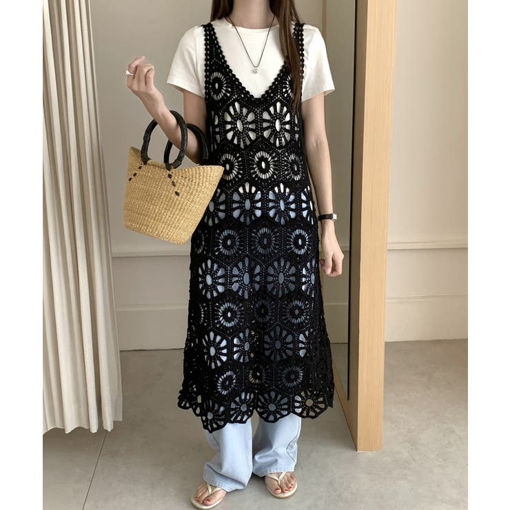ブラック | かぎ針編みボヘミアンワンピース カットワーク刺しゅうワンピ 春夏秋服 | SUNSHINE CLOSET