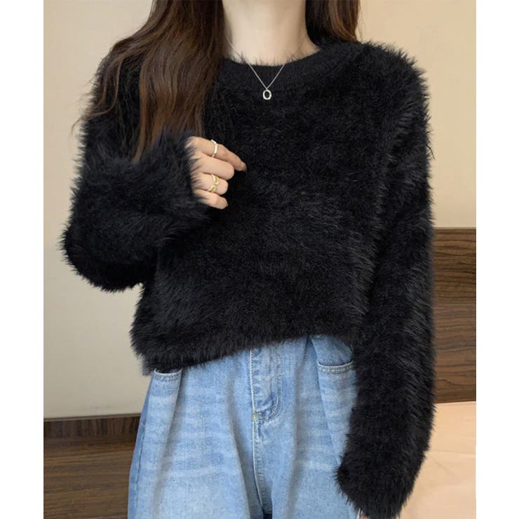 ブラック | ショート丈 シャギーニットトップス韓国風 | SUNSHINE CLOSET