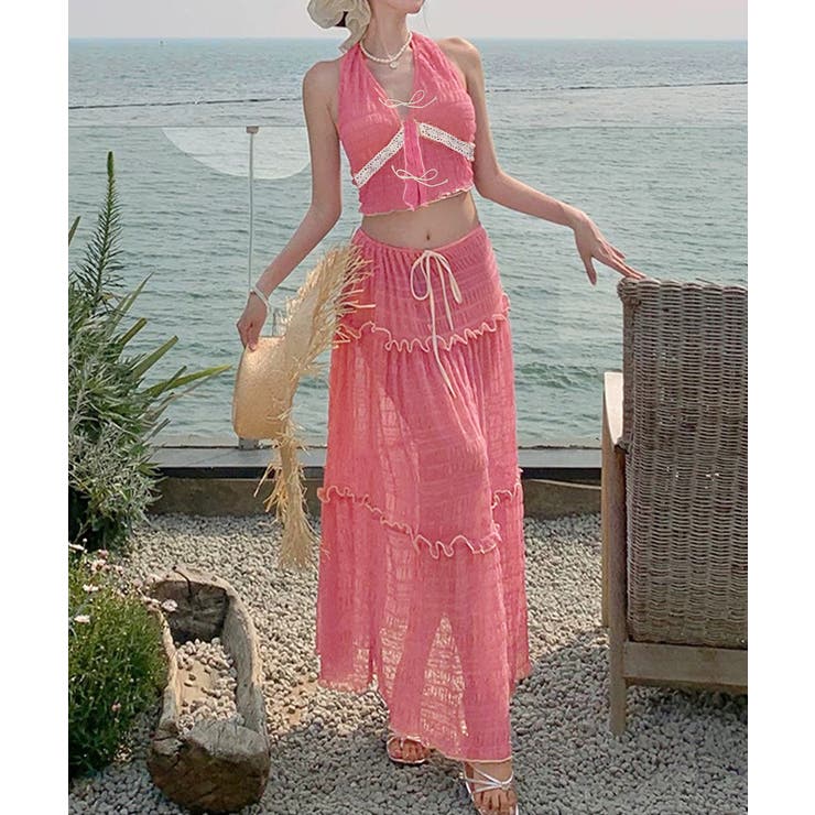 ピンク | ホルタートップスセクシービキニボトム ティアードスカート おしゃれリゾート水着セ… | SUNSHINE CLOSET