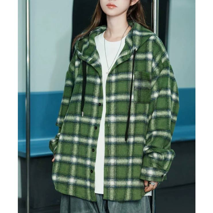グリーン | チェック柄フーデッドシャツレディース秋冬 | SUNSHINE CLOSET