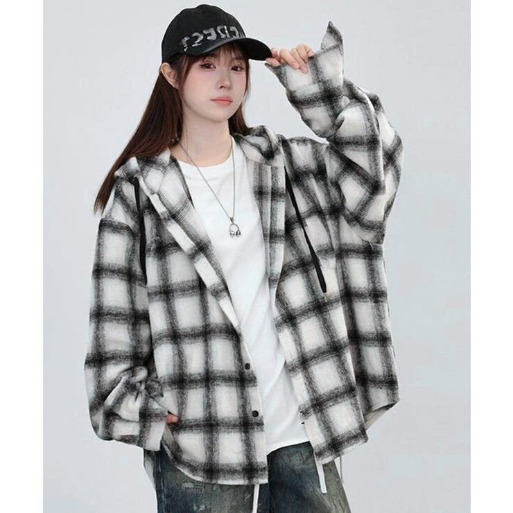 ホワイト | チェック柄フーデッドシャツレディース秋冬 | SUNSHINE CLOSET