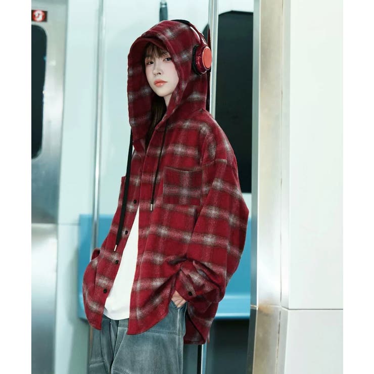 ワインレッド | チェック柄フーデッドシャツレディース秋冬 | SUNSHINE CLOSET