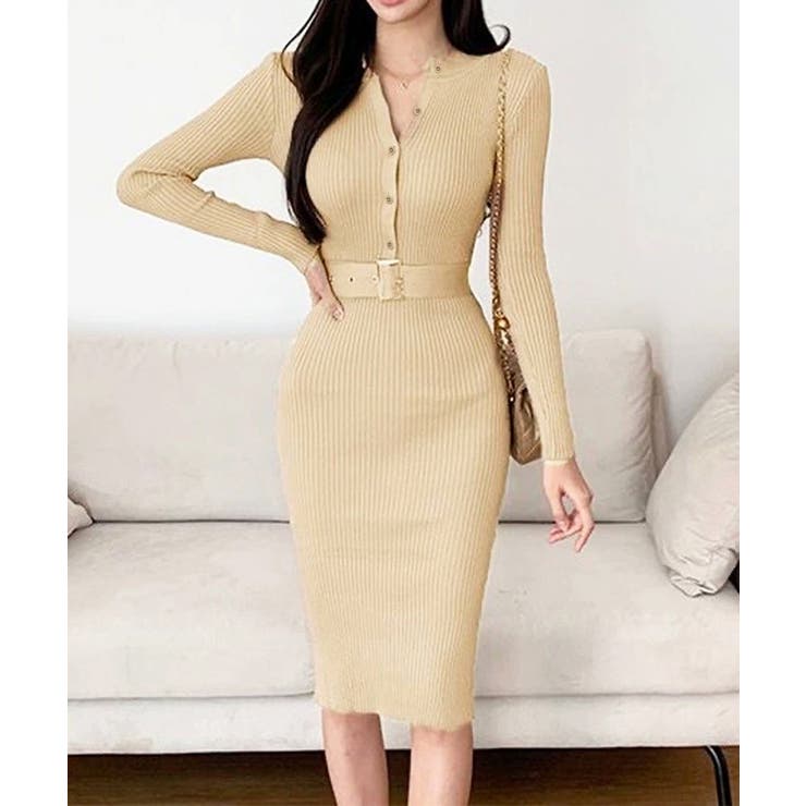 ベージュ | リブニットタイトワンピースウエストベルト | Miniministore