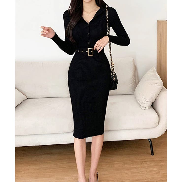 ブラック | リブニットタイトワンピースウエストベルト | Miniministore