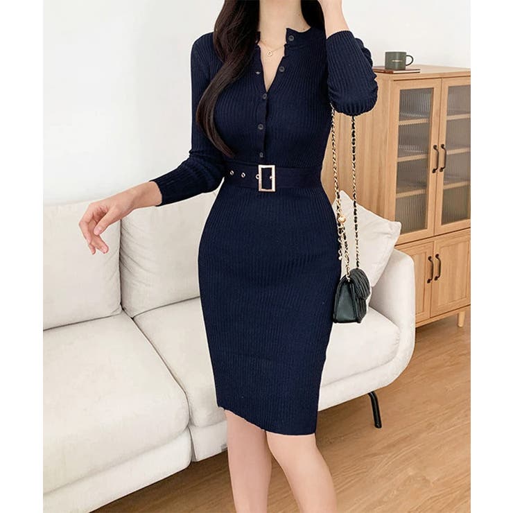 ネイビー | リブニットタイトワンピースウエストベルト | Miniministore