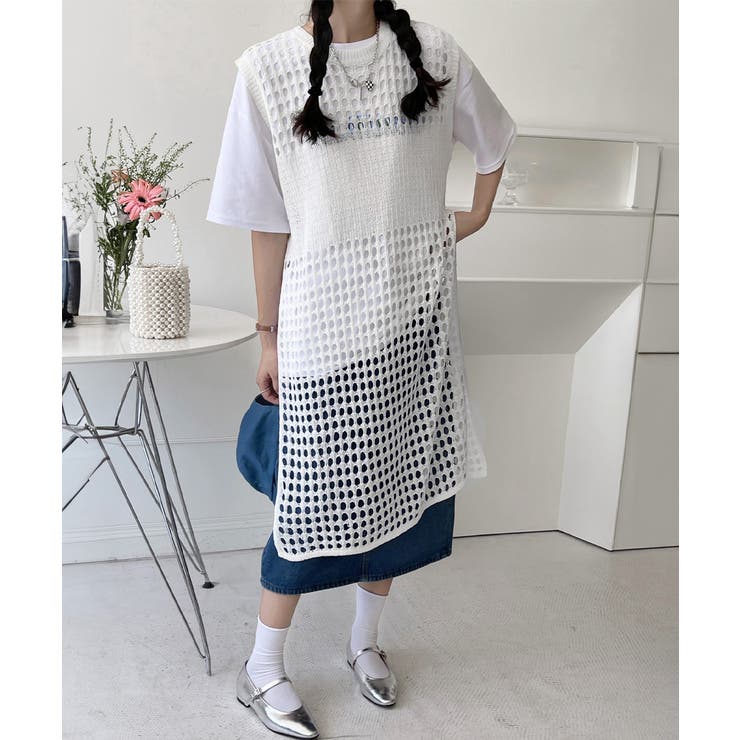 未使用タグ付き　M&KYOKO 佐藤繊維　透かし編みロングジレ　フリー 透かし編みロングベストサイドスリット夏服[品番：II000012778