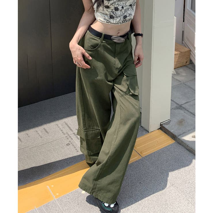 ワイドカーゴパンツ ハイウエスト 韓国風[品番：II000011639