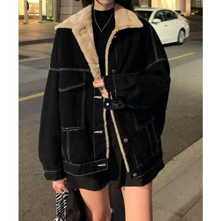 ブラック | 裏ファーデニムジャケットステッチブルゾン | Miniministore