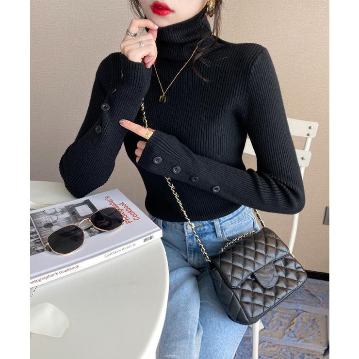 ブラック | ハイネックニットトップス 長袖ニットソー | Miniministore