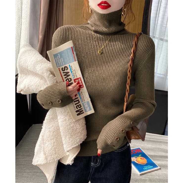 カーキブラウン | ハイネックニットトップス 長袖ニットソー | Miniministore