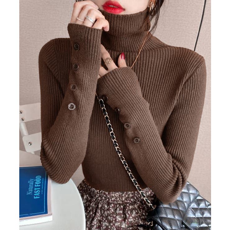 ダークブラウン | ハイネックニットトップス 長袖ニットソー | Miniministore