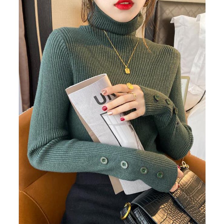 ダークグリーン | ハイネックニットトップス 長袖ニットソー | Miniministore