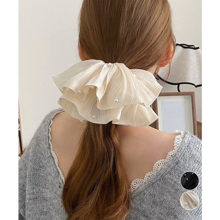 パール付きシュシュ 上品プリーツヘアゴム | Miniministore | 詳細画像1 