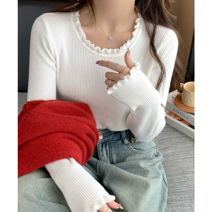 フリル リブニットトップス クルーネック | Miniministore | 詳細画像7 