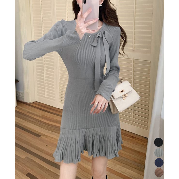 プリーツ裾 長袖リブニットワンピース上品 | Miniministore | 詳細画像1 