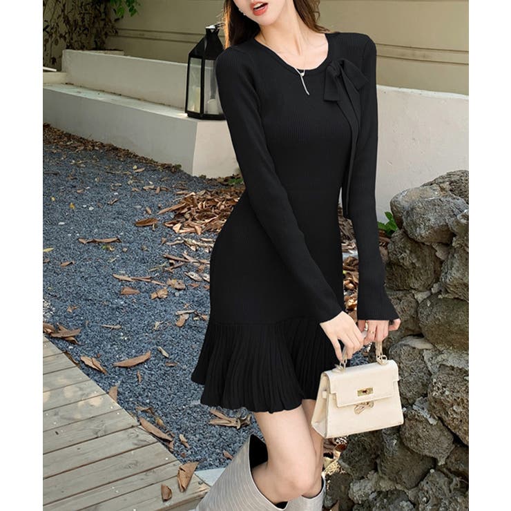 プリーツ裾 長袖リブニットワンピース上品 | Miniministore | 詳細画像10 