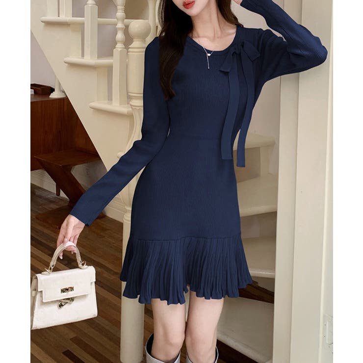 プリーツ裾 長袖リブニットワンピース上品 | Miniministore | 詳細画像12 