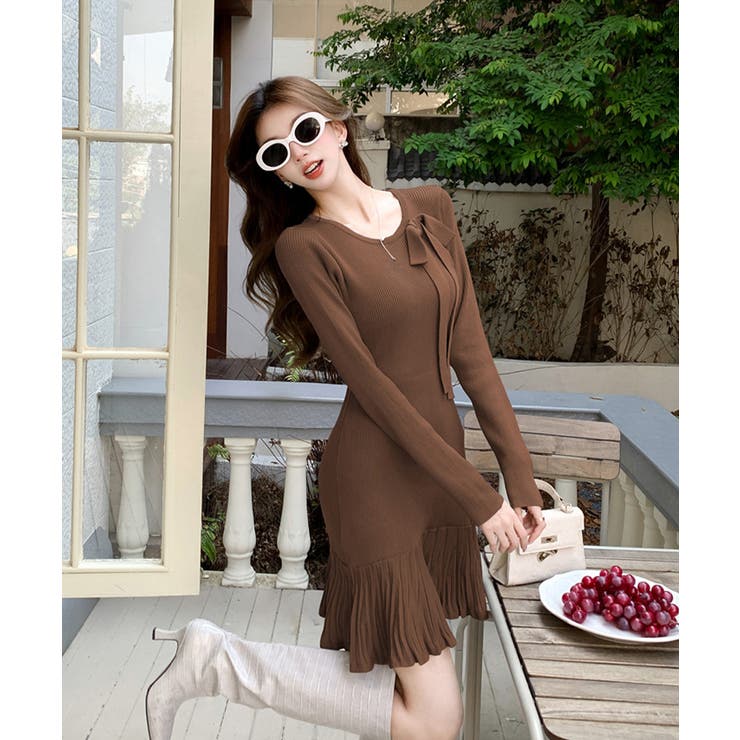 プリーツ裾 長袖リブニットワンピース上品 | Miniministore | 詳細画像13 