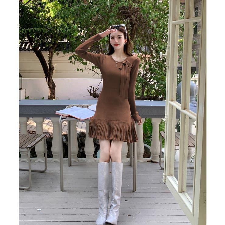 プリーツ裾 長袖リブニットワンピース上品 | Miniministore | 詳細画像14 