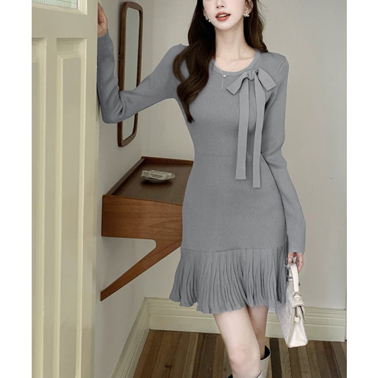 プリーツ裾 長袖リブニットワンピース上品 | Miniministore | 詳細画像2 