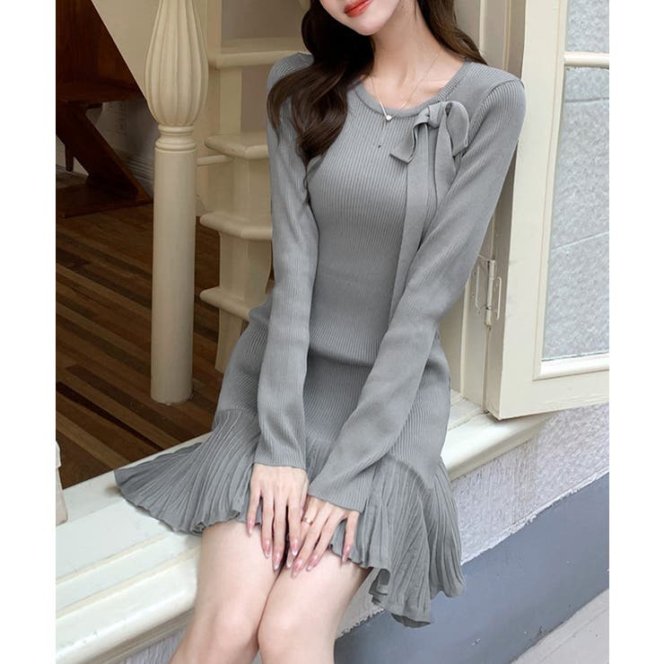 プリーツ裾 長袖リブニットワンピース上品 | Miniministore | 詳細画像4 