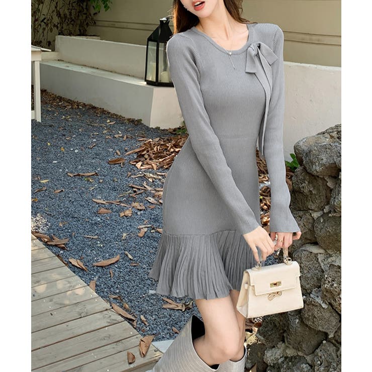 プリーツ裾 長袖リブニットワンピース上品 | Miniministore | 詳細画像7 