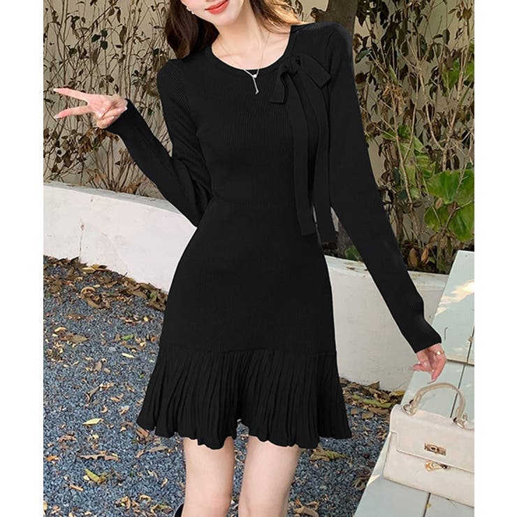 プリーツ裾 長袖リブニットワンピース上品 | Miniministore | 詳細画像8 