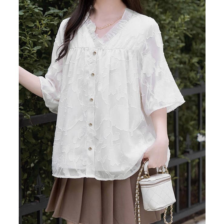 Vネックフリルブラウス 花柄刺しゅう夏服 | Miniministore | 詳細画像12 