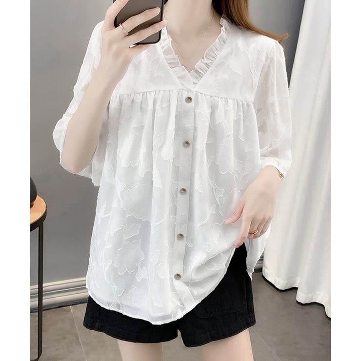 Vネックフリルブラウス 花柄刺しゅう夏服 | Miniministore | 詳細画像2 
