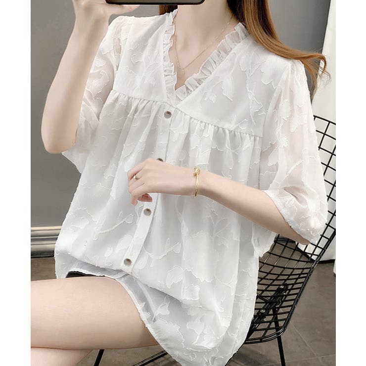 Vネックフリルブラウス 花柄刺しゅう夏服 | Miniministore | 詳細画像3 