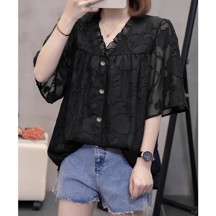 Vネックフリルブラウス 花柄刺しゅう夏服 | Miniministore | 詳細画像5 