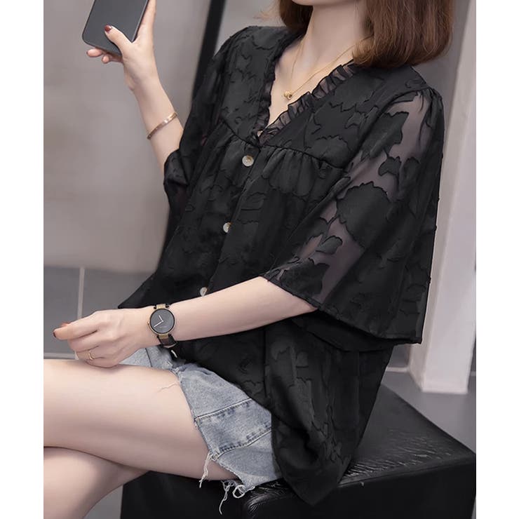 Vネックフリルブラウス 花柄刺しゅう夏服 | Miniministore | 詳細画像7 