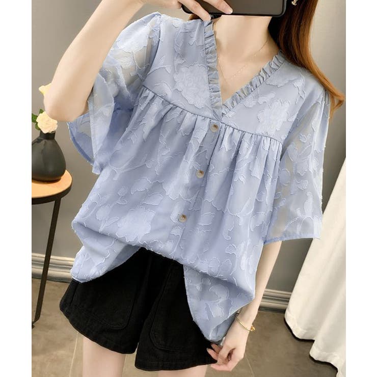 Vネックフリルブラウス 花柄刺しゅう夏服 | Miniministore | 詳細画像9 