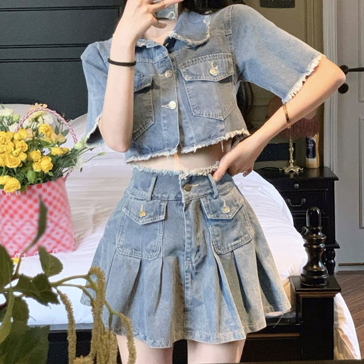 春夏 韓国デニムジャケットセットアップ デニムセットアップ レディース 韓国春夏[品番:II000010746
