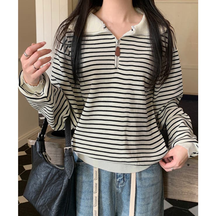 ハーフジップニットポロ ボーダートップス | Miniministore | 詳細画像8 