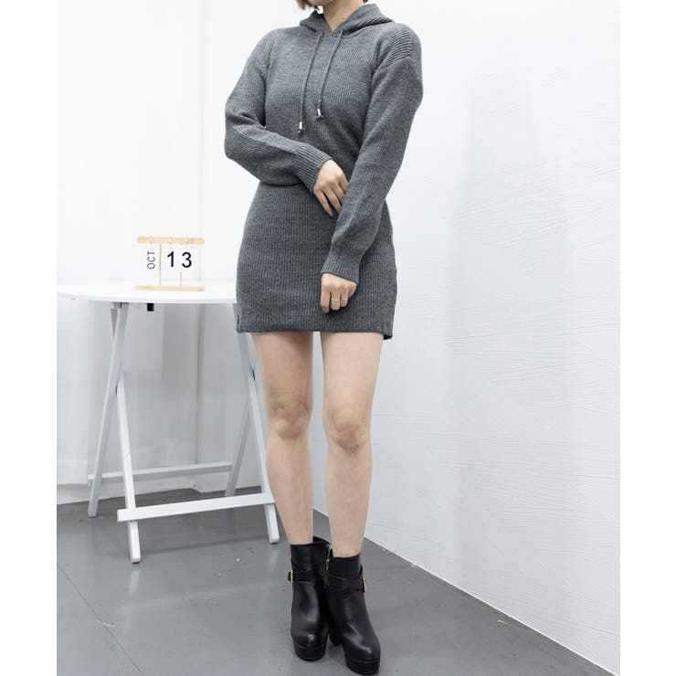 ミニニットワンピース フード付き 韓国風[品番：II000011246