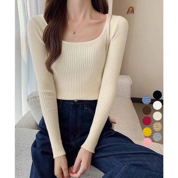 Uネックリブトップススクエアネックニット | Miniministore | 詳細画像1 