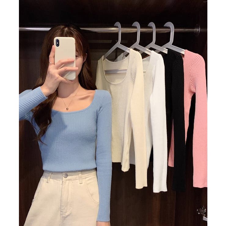 Uネックリブトップススクエアネックニット | Miniministore | 詳細画像19 