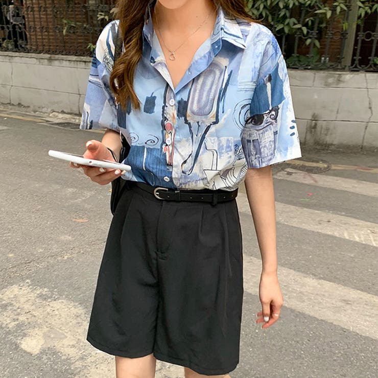 柄シャツ半袖レディース スキッパーシャツ[品番：II000006957