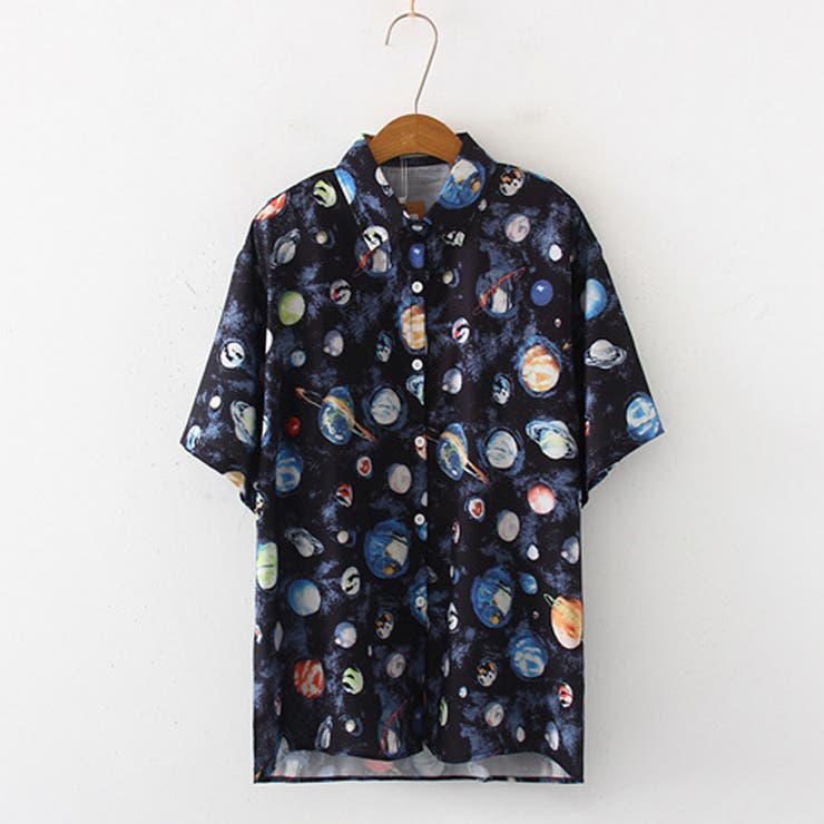 ブラウス 柄シャツ レディース 半袖 宇宙柄[品番：II000006958