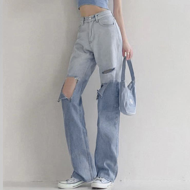 ダメージ デニムパンツ ハイウエスト韓国 | Miniministore | 詳細画像1 