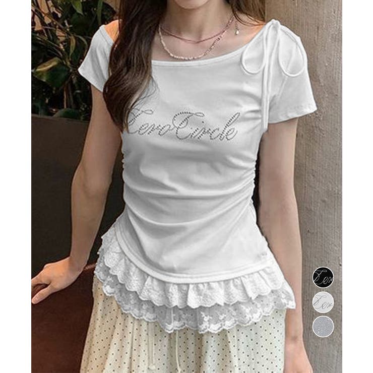 オフショルTロゴtシャツ肩リボントップス | Miniministore | 詳細画像1 