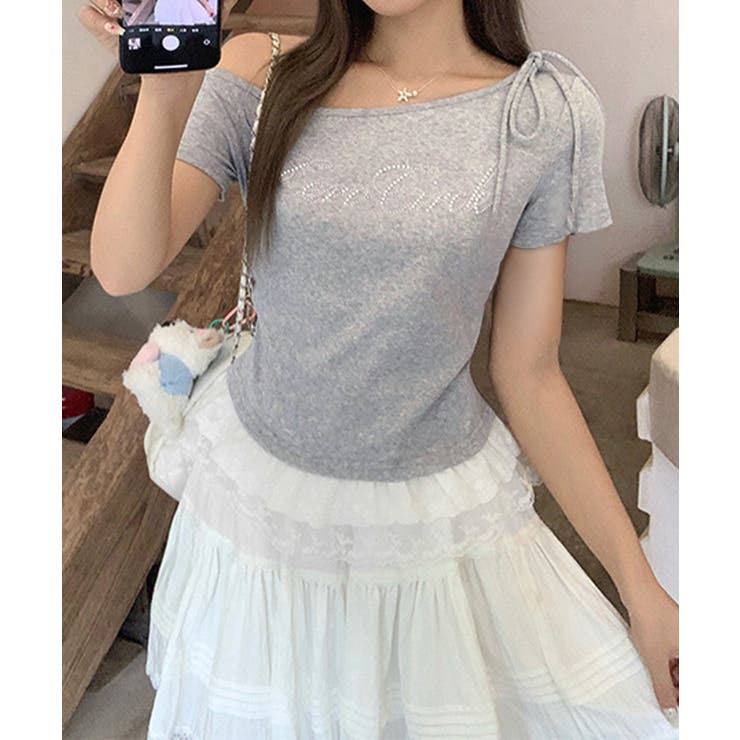 オフショルTロゴtシャツ肩リボントップス | Miniministore | 詳細画像15 