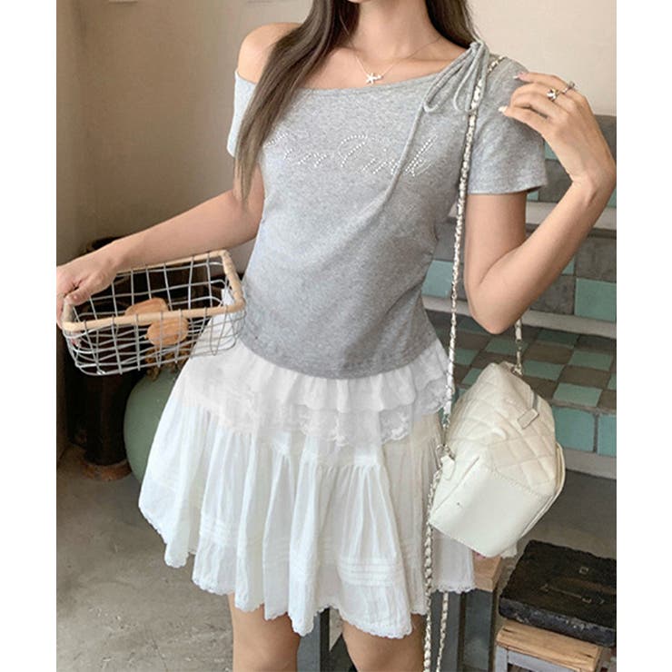 オフショルTロゴtシャツ肩リボントップス | Miniministore | 詳細画像17 