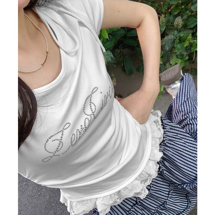 オフショルTロゴtシャツ肩リボントップス | Miniministore | 詳細画像4 