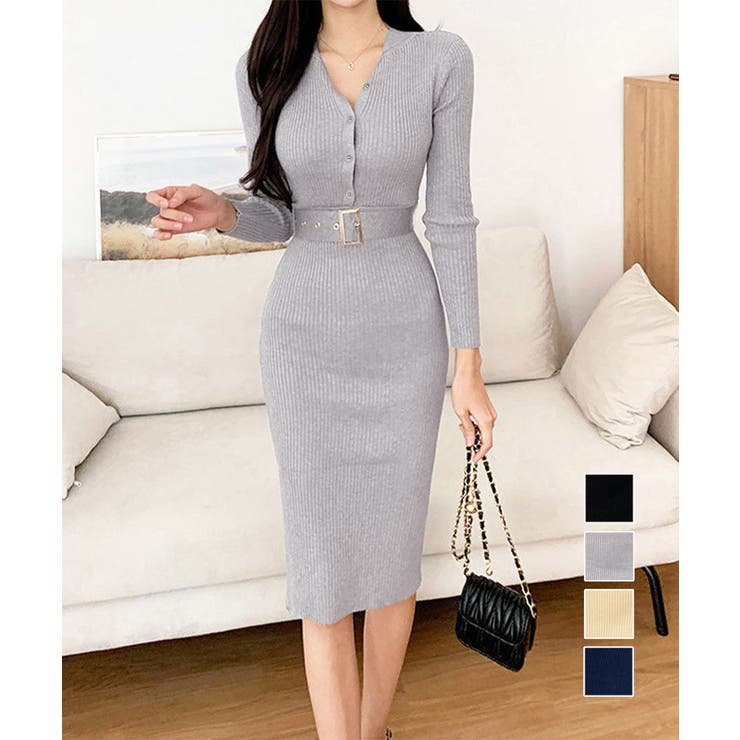 リブニットタイトワンピースウエストベルト | Miniministore | 詳細画像1 